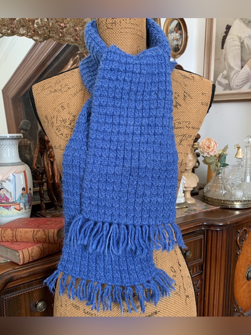 Vintage Periwinkle Blue Soft Hand-Knit Boho Hippie Fringe Wrap Scarf